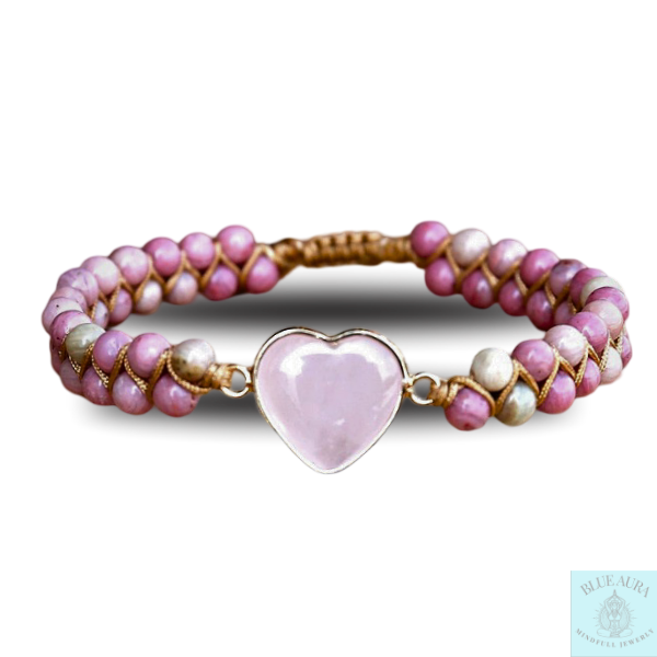 Natural Pink Crystal Heart & Rhodonite Braided Bracelet